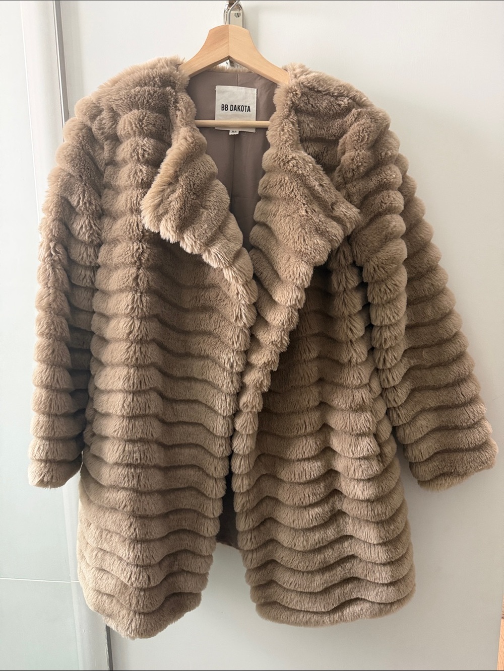 BB Dakota Plush Ribbed Faux Fur Coat in Taupe